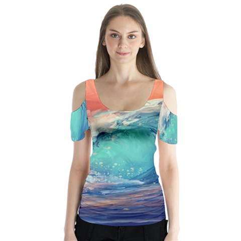 Artistic Wave Sea Butterfly Sleeve Cutout Tee  by Semog4