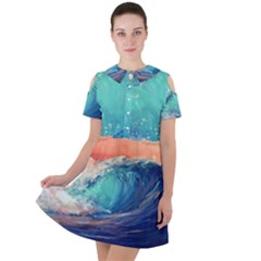 Artistic Wave Sea Short Sleeve Shoulder Cut Out Dress  by Semog4