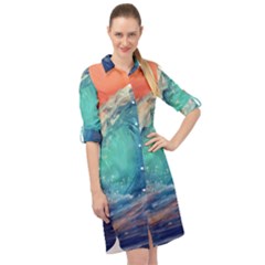 Artistic Wave Sea Long Sleeve Mini Shirt Dress