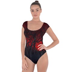 Dark Forest Jungle Plant Black Red Tree Short Sleeve Leotard  by Semog4