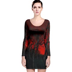 Dark Forest Jungle Plant Black Red Tree Long Sleeve Velvet Bodycon Dress by Semog4