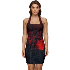 Dark Forest Jungle Plant Black Red Tree Sleeveless Wide Square Neckline Ruched Bodycon Dress
