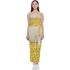 Texture Pattern Macro Glass Of Beer Foam White Yellow Art V-neck Spaghetti Strap Tie Front Jumpsuit by Semog4