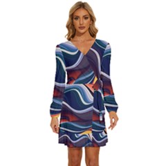 Wave Of Abstract Colors Long Sleeve Waist Tie Ruffle Velvet Dress by Semog4