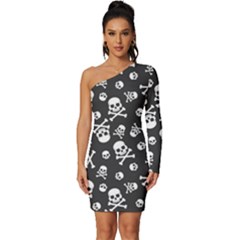 Skull-crossbones-seamless-pattern-holiday-halloween-wallpaper-wrapping-packing-backdrop Long Sleeve One Shoulder Mini Dress