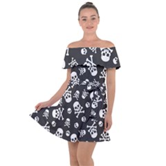 Skull-crossbones-seamless-pattern-holiday-halloween-wallpaper-wrapping-packing-backdrop Off Shoulder Velour Dress