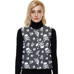 Skull Crossbones Seamless Pattern Holiday-halloween-wallpaper Wrapping Packing Backdrop Women s Short Button Up Puffer Vest