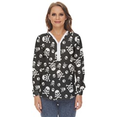 Skull Crossbones Seamless Pattern Holiday-halloween-wallpaper Wrapping Packing Backdrop Zip Up Long Sleeve Blouse