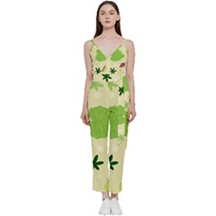 Leaves-140 V-neck Spaghetti Strap Tie Front Jumpsuit