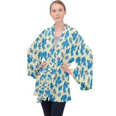 Rose-blue Long Sleeve Velvet Kimono 