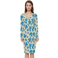 Rose-blue Long Sleeve V-neck Bodycon Dress  by nateshop