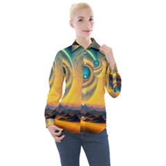 Ai Generated Surrealist Fantasy Dream Moon Space Women s Long Sleeve Pocket Shirt