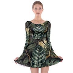 Tropical Leaves Foliage Monstera Nature Home Long Sleeve Skater Dress