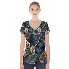 Tropical Leaves Foliage Monstera Nature Home Pattern Short Sleeve Front Detail Top by Jancukart