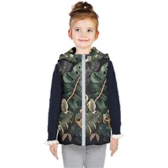 Tropical Leaves Foliage Monstera Nature Home Pattern Kids  Hooded Puffer Vest by Jancukart