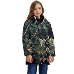 Tropical Leaves Foliage Monstera Nature Home Pattern Kid s Hooded Longline Puffer Jacket