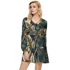 Tropical Leaves Foliage Monstera Nature Home Pattern Tiered Long Sleeve Mini Dress