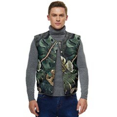 Tropical Leaves Foliage Monstera Nature Home Pattern Men s Short Button Up Puffer Vest	