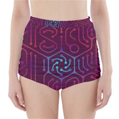 Circuit Hexagonal Geometric Pattern Background Purple High-waisted Bikini Bottoms by Jancukart