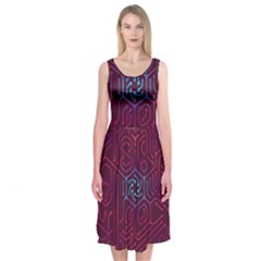 Circuit Hexagonal Geometric Pattern Background Purple Midi Sleeveless Dress by Jancukart