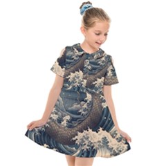 Sea Dragon Kanagawa Sea Monster Kids  Short Sleeve Shirt Dress by Jancukart