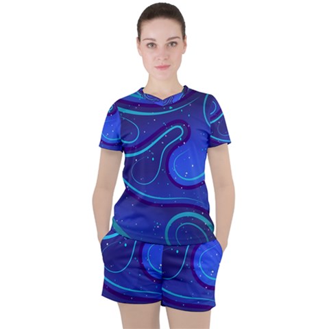Spiral Shape Blue Abstract Women s Tee And Shorts Set by Jancukart