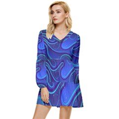 Spiral Shape Blue Abstract Tiered Long Sleeve Mini Dress