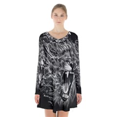 Lion Furious Abstract Desing Furious Long Sleeve Velvet V-neck Dress by Jancukart