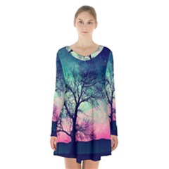 Tree Abstract Field Galaxy Night Nature Long Sleeve Velvet V-neck Dress by Jancukart