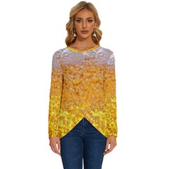Texture Pattern Macro Glass Of Beer Foam White Yellow Bubble Long Sleeve Crew Neck Pullover Top by Semog4