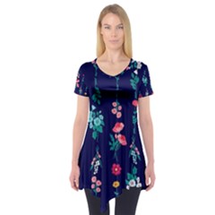 Flowers Pattern Bouquets Colorful Short Sleeve Tunic 