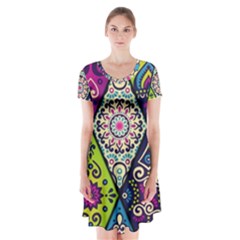 Ethnic Pattern Abstract Short Sleeve V-neck Flare Dress