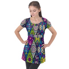 Ethnic Pattern Abstract Puff Sleeve Tunic Top