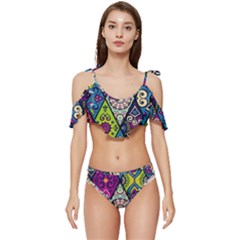 Ethnic Pattern Abstract Ruffle Edge Tie Up Bikini Set	