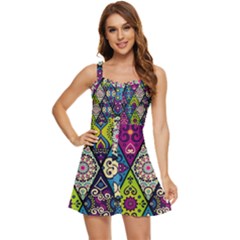 Ethnic Pattern Abstract Ruffle Edge Bra Cup Chiffon Mini Dress