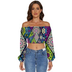 Ethnic Pattern Abstract Long Sleeve Crinkled Weave Crop Top