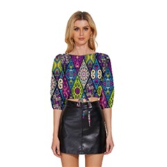 Ethnic Pattern Abstract Mid Sleeve Drawstring Hem Top