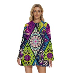 Ethnic Pattern Abstract Round Neck Long Sleeve Bohemian Style Chiffon Mini Dress