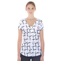 Precision Pursuit: Hunting Motif Black And White Pattern Short Sleeve Front Detail Top by dflcprintsclothing