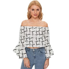 Precision Pursuit: Hunting Motif Black And White Pattern Off Shoulder Flutter Bell Sleeve Top by dflcprintsclothing