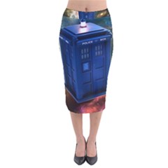The Police Box Tardis Time Travel Device Used Doctor Who Velvet Midi Pencil Skirt by Semog4