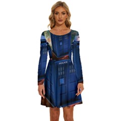 The Police Box Tardis Time Travel Device Used Doctor Who Long Sleeve Wide Neck Velvet Dress by Semog4