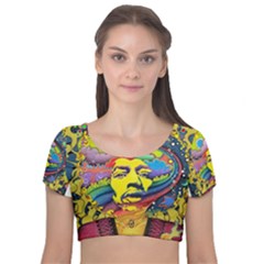 Psychedelic Rock Jimi Hendrix Velvet Short Sleeve Crop Top  by Semog4