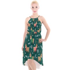 Cute Christmas Pattern Doodle High-Low Halter Chiffon Dress 