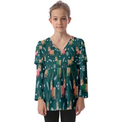 Cute Christmas Pattern Doodle Kids  V Neck Casual Top by Semog4