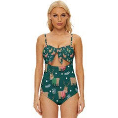 Cute Christmas Pattern Doodle Knot Front One-Piece Swimsuit