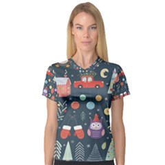 Vector Set Cute Christmas Elements santa-penguin Deer Bear Fox Owl Trees Snowman Bird Angel More V-Neck Sport Mesh Tee