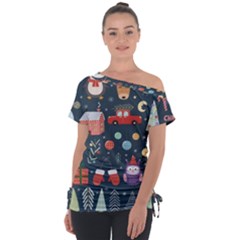 Vector Set Cute Christmas Elements santa-penguin Deer Bear Fox Owl Trees Snowman Bird Angel More Off Shoulder Tie-Up Tee