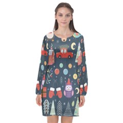 Vector Set Cute Christmas Elements santa-penguin Deer Bear Fox Owl Trees Snowman Bird Angel More Long Sleeve Chiffon Shift Dress 