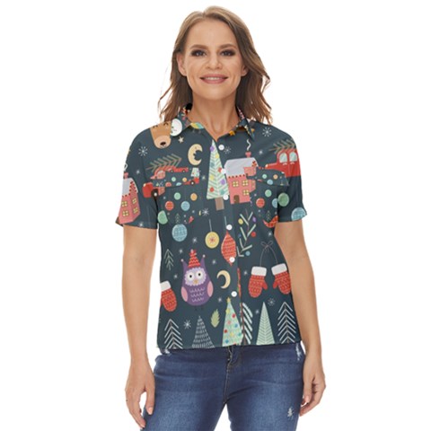 Vector Set Cute Christmas Elements Santa-penguin Deer Bear Fox Owl Trees Snowman Bird Angel More Women s Short Sleeve Double Pocket Shirt by Semog4